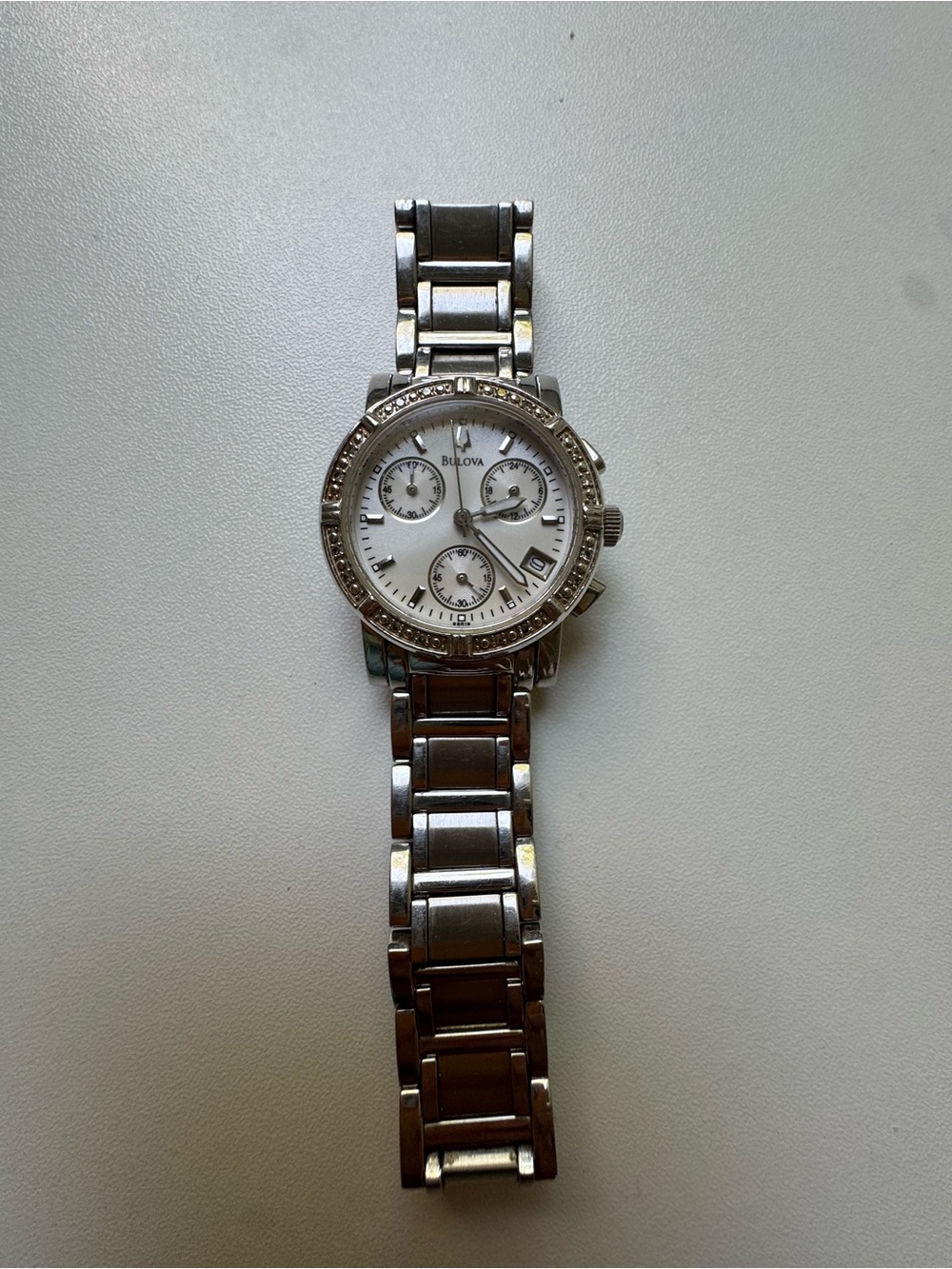 Bulova Silver and White Women's Chronograph Watch with Crystal Bezel